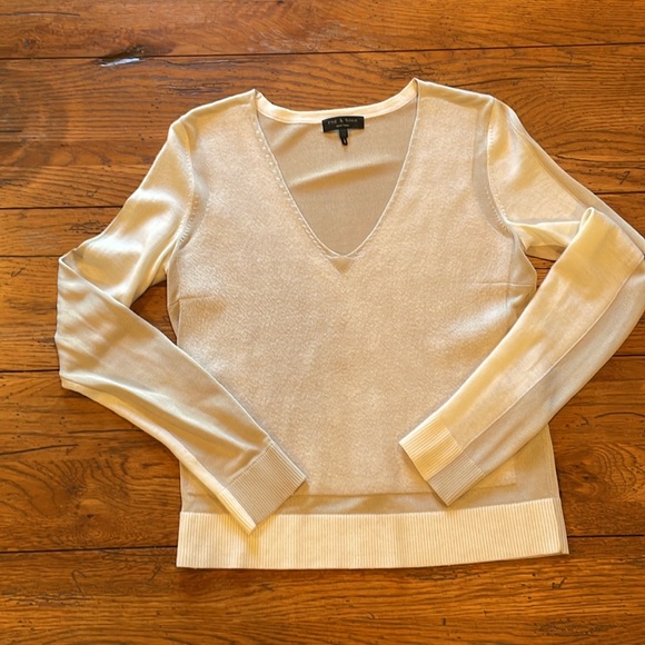 Rag & Bone Double Tone Mixed Materials Contrast Cream and Ivory Vneck Sweater - Picture 3 of 7